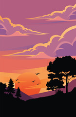 Vertical Sunset Landscape Vector Illustration with Silhouetted Trees Mountains and Dramatic Colorful Sky