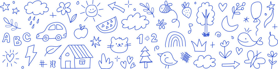 Doodle drawing collection, a seamless vector illustration background for children's design featuring cute, hand-drawn cartoon elements like animals, cars, and nature in a playful monoline style