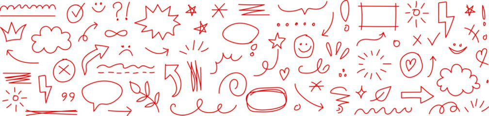 Abstract vector illustration doodle collection of hand-drawn shapes, arrows, speech bubbles, and design elements for overlay graphics