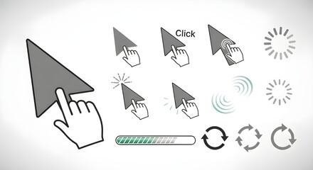 Big set of cursor, clicking hand, loading bar, and refresh vector icons collection for UI design