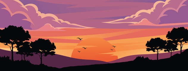 Beautiful Horizontal Sunset Landscape Vector Illustration with Silhouetted Trees Birds and Colorful Dramatic Sky
