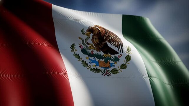 Closeup of the Mexican flag waving with the national coat of arms prominently displayed