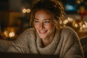 Joyful woman making video call over laptop on Christmas day at home.