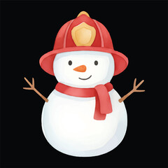 Cute snowman watercolor vector illustration as firefighter isolated on black background
