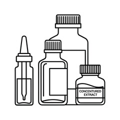 Outline Icon Set of Pharmaceutical Bottles, Dropper Vials, and Concentrated Extract Containers