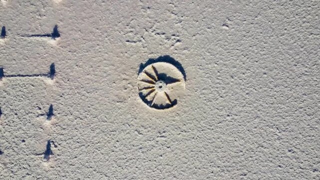 Sunken wheel in a saltlake in the australien outback, seen from above
