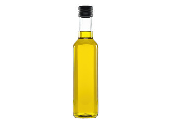 A tall, slender, transparent glass bottle filled with bright, golden-yellow olive oil, sealed with a matte black screw cap, on a crisp white background with copy space, clean product presentation