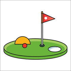 Golf course landscape with flag on the green, ball near the hole, and blue summer sky