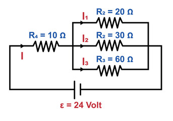 Electrical Circuit Diagram With Resistors And Battery, Parallel Branches, 24 Volt Supply