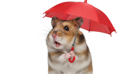 Hamster holding a small red umbrella isolated PNG with Transparent Background