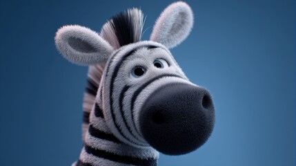 A cartoon zebra with fluffy fur and oversized eyes looks playfully at the viewer. The zebra's unique design features bold stripes and a friendly expression set against a smooth blue backdrop.