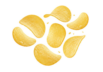 Multiple golden potato chips with crispy texture and oily sheen, gracefully floating in mid-air against a transparent background with copy space, appetizing freshness concept