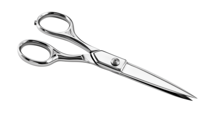 Sharp metal scissors with gold handle isolated on white background or transparent png, showing sleek blades, ergonomic grip, and luxury design.