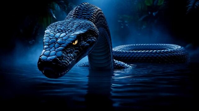 Eerie snake emerges from dark water, eyes gleaming, jungle suspense and mystery