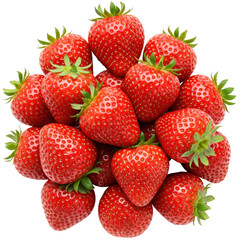 A scattered pile of vibrant red strawberries, green caps, visible achenes, glossy, on transparent background with copy space, top-down macro flat lay, natural freshness concept.