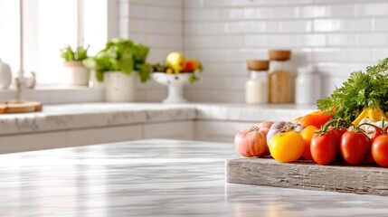 A kitchen counter with a variety of fresh vegetables, including tomatoes, carrots, and lettuce, arranged in a visually appealing manner.