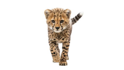 Cute cheetah cub walking towards the camera isolated PNG with Transparent Background