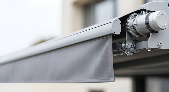 Close-up view of a modern retractable awning mechanism with grey fabric partially extended, showcasing its gears and housing.