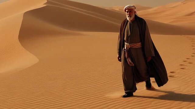Wise old traveler journeys across vast desert sands on a spiritual quest now