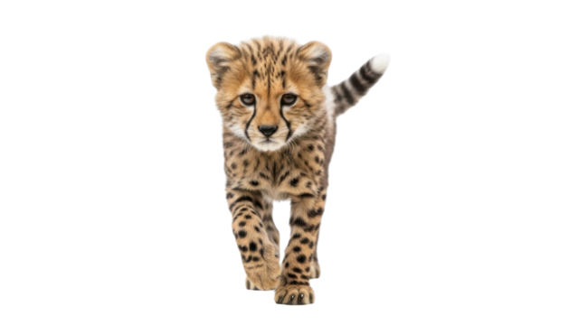 Cute cheetah cub walking towards the camera isolated PNG with Transparent Background - Powered by Adobe
