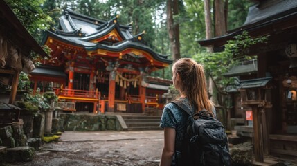 Obraz premium A traveler stands quietly gazing at a historic shrine nestled among tall trees. The site is peaceful and invites reflection showcasing traditional architecture.