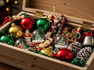 Capture the magic of Christmas with this delightful collection of ornaments and snow globes in a rustic wooden box, perfect for holiday decorating and festive cheer