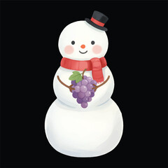 Cute snowman watercolor vector illustration holding grapes isolated on black background
