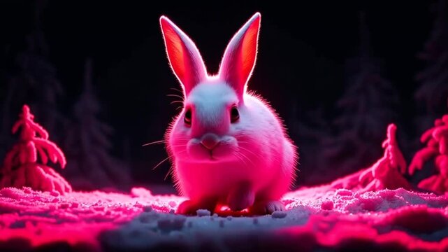 Energetic bunny running through a snowy, neon-lit landscape, festive winter vibe