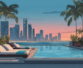 Fototapeta premium Evening view of a city skyline with a swimming pool and palm trees at dusk
