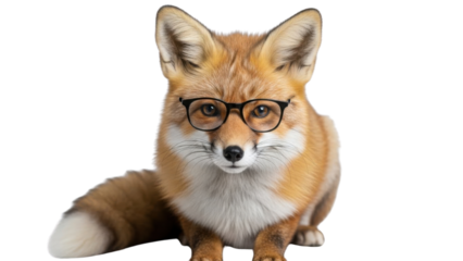 Red fox wearing eyeglasses looking at camera isolated PNG with Transparent Background