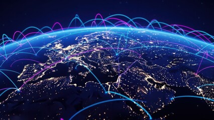 Global network connections illuminated on earth at night, showing data flow across continents and cities.