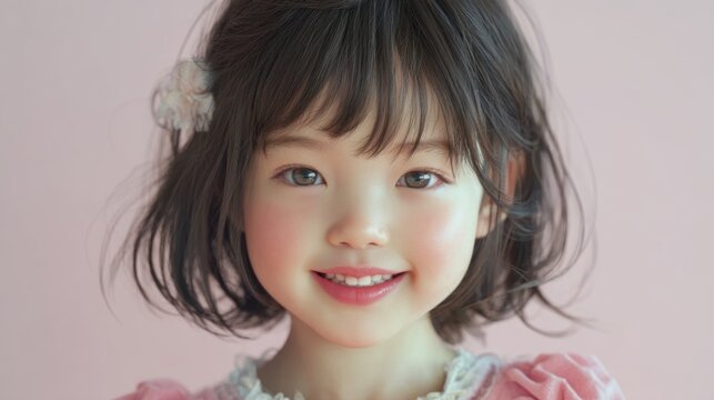 A charming young girl with short dark hair and a floral accent radiates happiness showcasing her delightful smile. The soft pastel background adds a serene atmosphere to the moment.