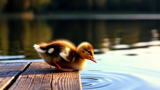 Adorable fuzzy duckling taking a tentative first step on a sunny wooden dock