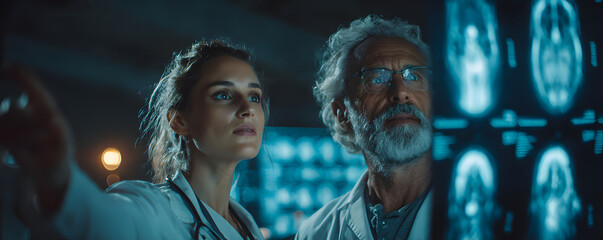 Two doctors review patient scans on a large monitor wall. A woman points to an xray, a man with grey beard concentrates on results. They work in a modern medical facility analyzing disease.