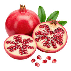 Close-up of whole and half fresh deep red pomegranates with vibrant ruby arils and dewy green leaves on transparent background, ample copy space, natural healthy food concept