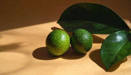Realistic Rendering of Speckled Green Tropical Fruits with Glossy Leaves on Warm Background