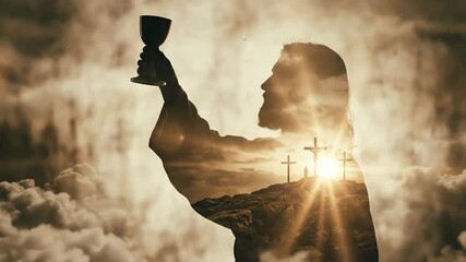 Jesus Christ holding chalice with Golgotha crucifixion scene and increasing sun rays as a religious concept.