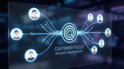 Digital screen displaying customer focus and online engagement with connected user icons interface