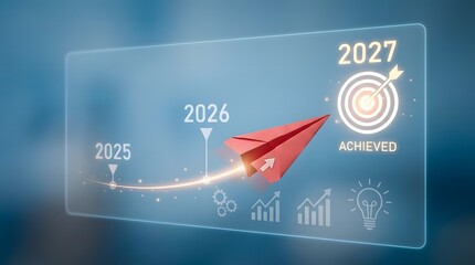 Digital timeline from 2025 to 2027 showing red paper airplane flying towards target with "ACHIEVED" text