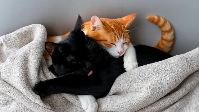 Adorable cats snuggling together in cozy blanket, a sweet moment of feline friendship