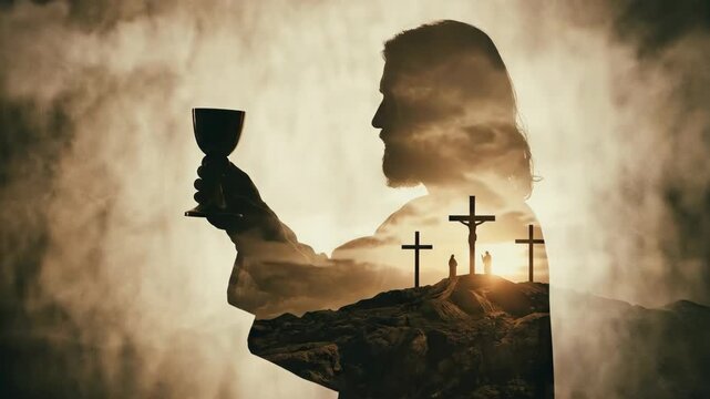 Man as Jesus Christ in silhouette holding a chalice with Golgotha crucifixion scene. Mystical Christian video for Good Friday or Easter.