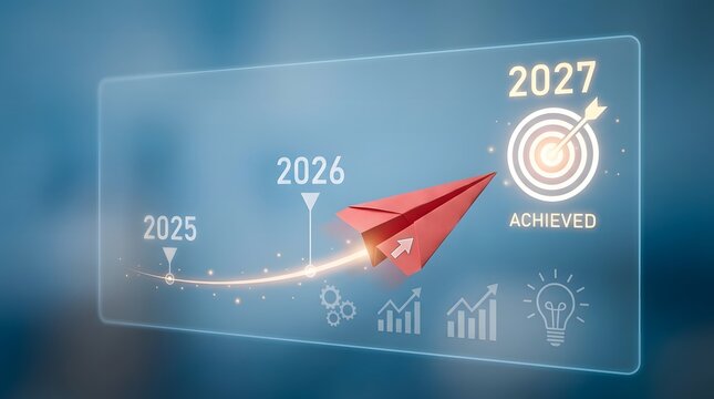 Digital timeline from 2025 to 2027 showing red paper airplane flying towards target with "ACHIEVED" text