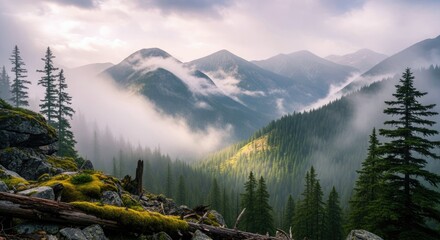 A scenic landscape featuring a mountain range shrouded in fog, with lush evergreen forests and dramatic lighting.