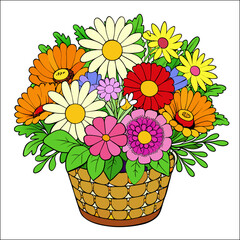 Colorful summer basket bouquet of beautiful orange and yellow gerbera flowers, daisies, and sunflowers