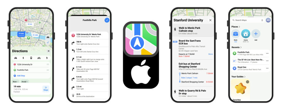 Apple Maps Mobile App UI &ndash; Navigation, Directions & Transit Preview
iOS Maps Interface Mockup with Routes, Steps, Places & Recents Overview