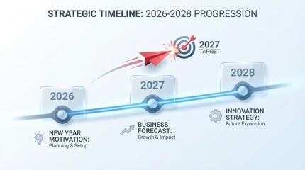 Obraz premium Strategic timeline 2026-2028 progression with paper airplane hitting 2027 target