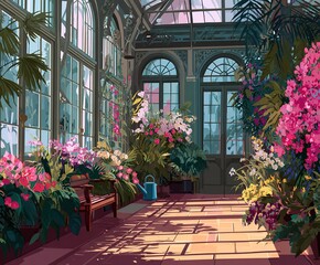 Fototapeta premium Bright flowers fill a greenhouse with sunlight and green plants in a floral display during the day in a city environment