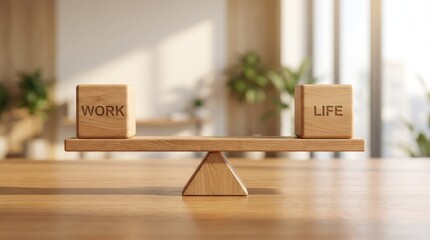 Wooden balance scale with cubes labeled WORK and LIFE perfectly balanced on a wooden table work