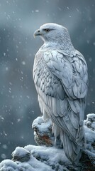 Obraz premium Majestic snowy owl perched on branch during winter snowfall portrait