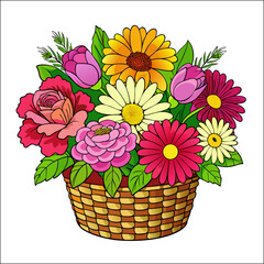 Colorful spring bouquet of flowers in basket with pink and yellow daisy blossoms